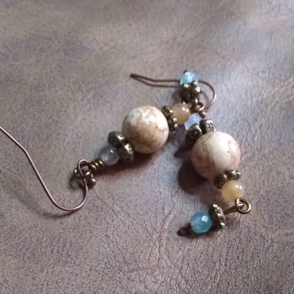 Handmade OOAK Dangle Earrings - Semi-Precious Stone Beads - Neutral Boho Colors - Picture 8 of 10